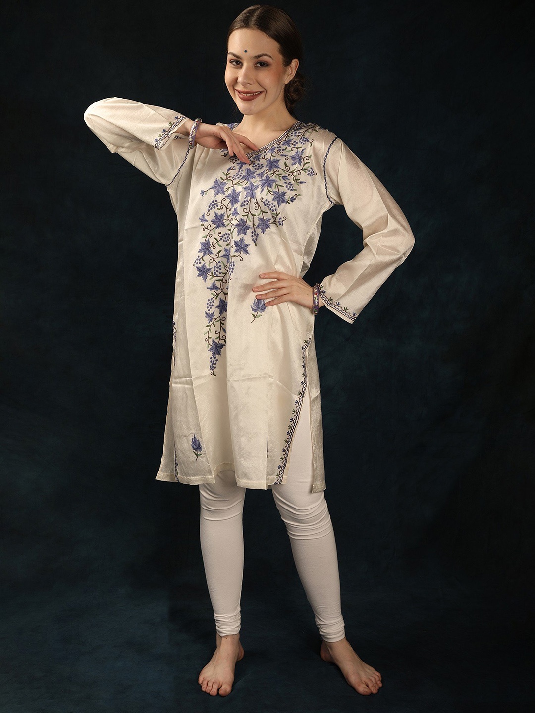 

Exotic India Pure Silk Kashmiri Kurta with Floral Aari Embroidery, Off white