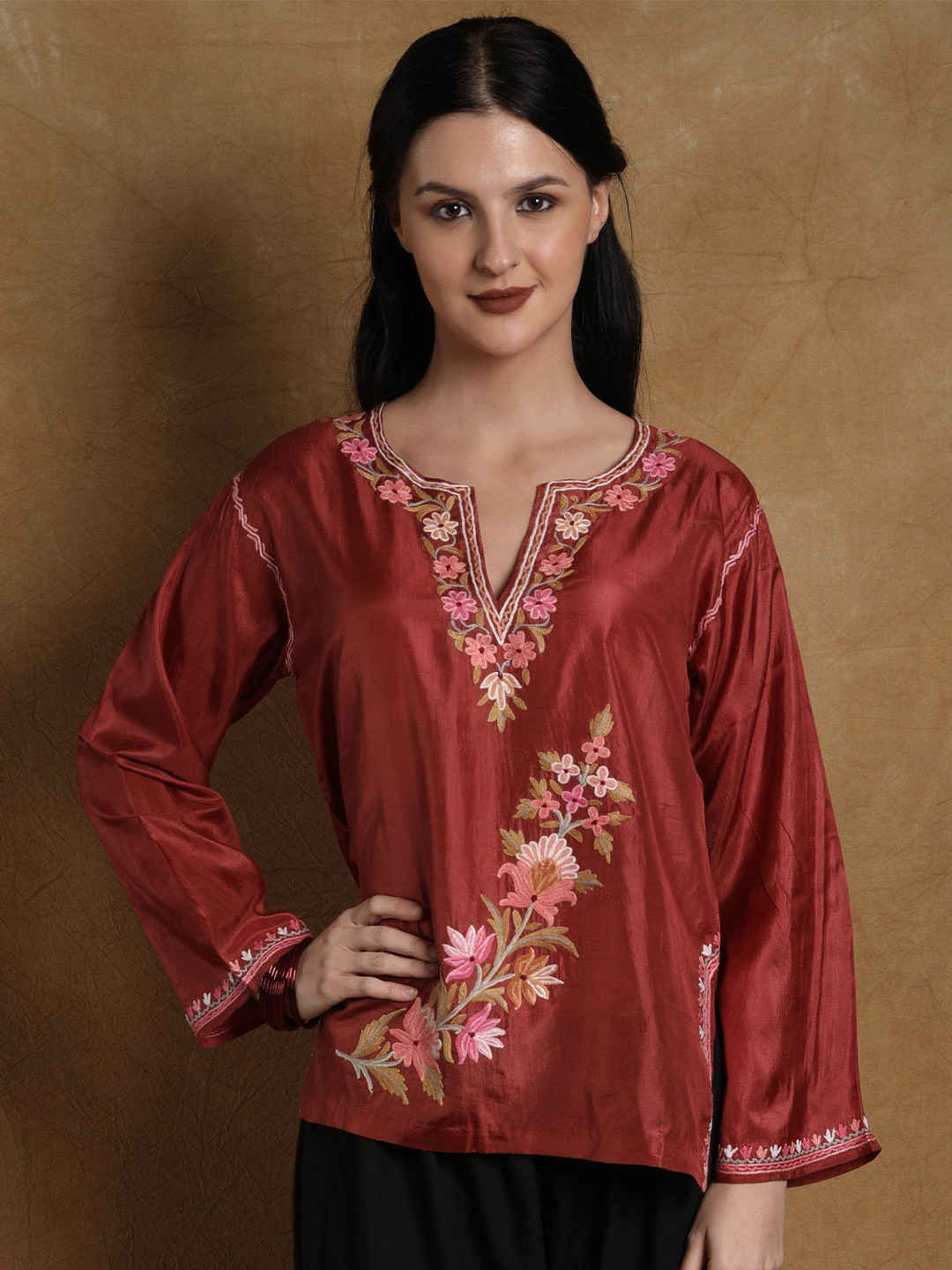 

Exotic India Floral Embroidered Notched Neck Pure Silk Aari Work Kurti, Red