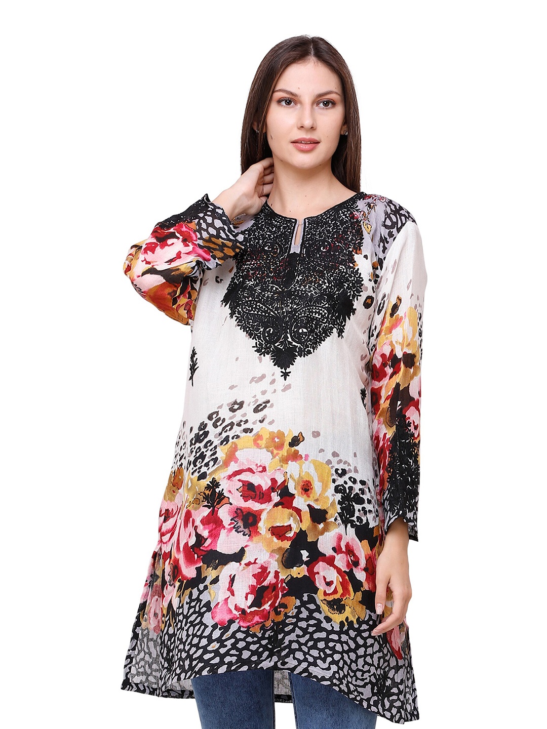 

Exotic India Floral Embroidered Notched Neck Aari Work Kurti, White