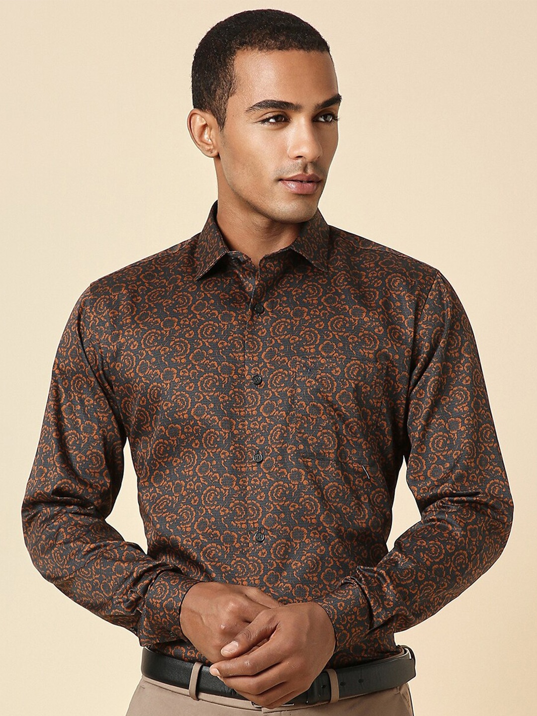 

Allen Solly Spread Collar Full Sleeves Printed Slim Fit Cotton Formal Shirt, Brown