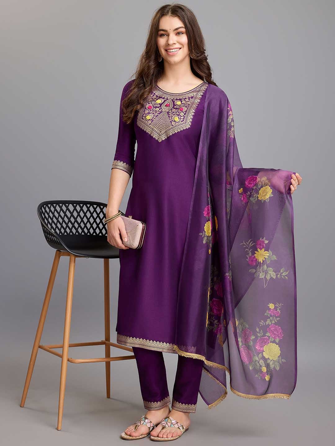 

MOJILAA Floral Yoke Design Round Neck Straight Kurta with Trousers & Dupatta, Purple