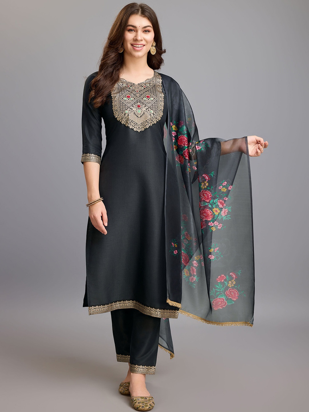 

MOJILAA Floral Woven Design Notch Neck Kurta with Trousers & Dupatta, Grey