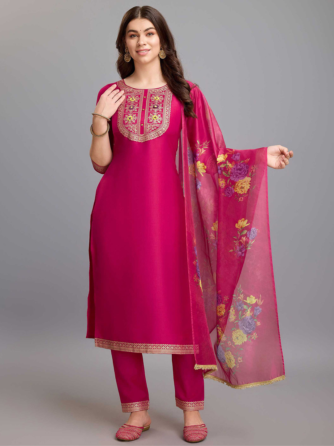 

MOJILAA Floral Woven Design Round Neck Straight Kurta with Trousers & Dupatta, Magenta