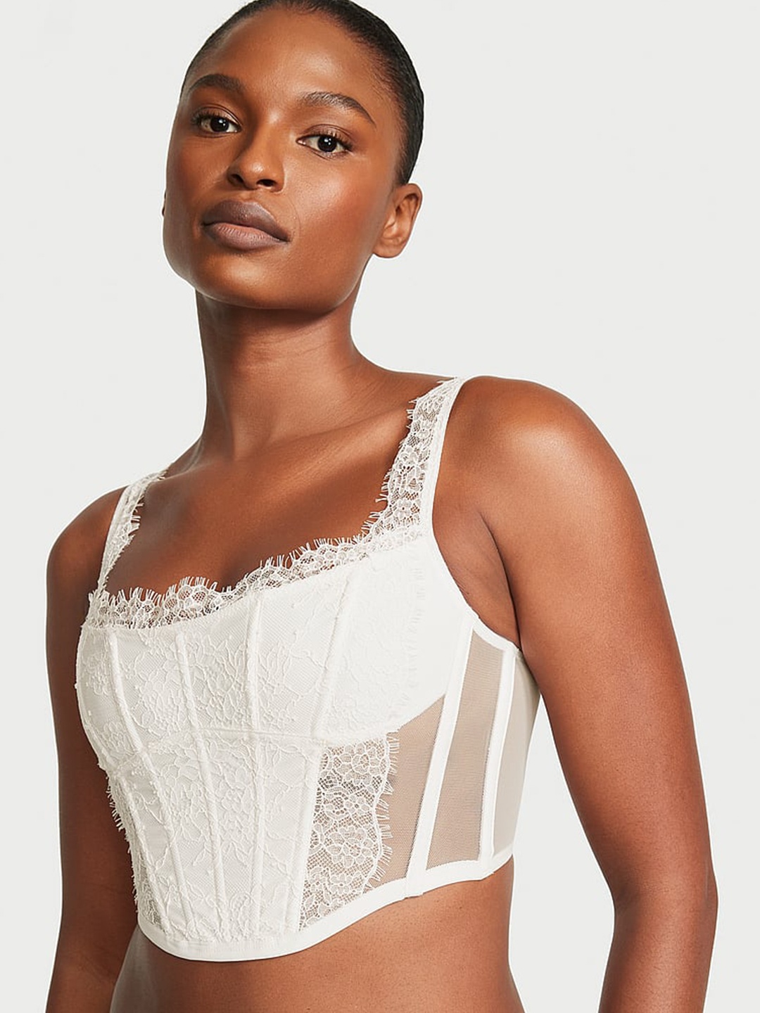 

Victoria's Secret Dream Angels Floral Self Design Lightly lined Lace Corset Crop Top, White