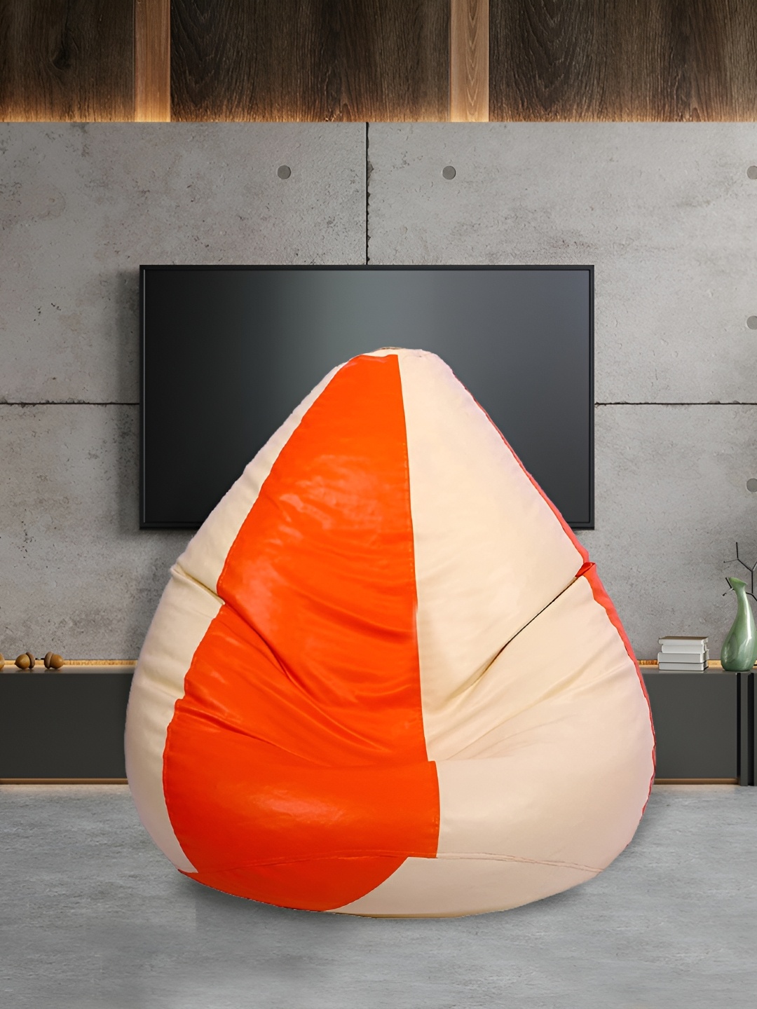 

SHIRA 24 Cream-colored & Orange-Colored Color-blocked Leatherette Tear Drop Bean Bag Cover