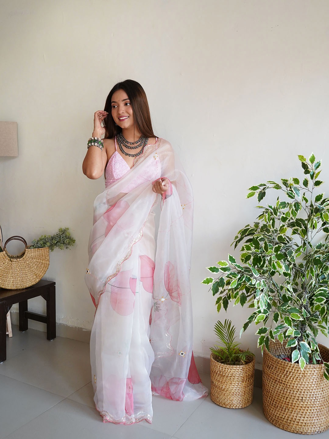 Vastrasky Global Floral Sequinned Organza Saree, White