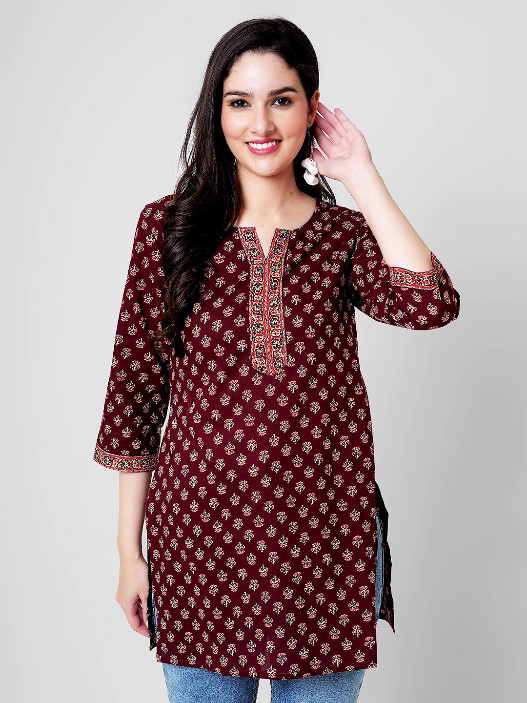 

JANAKDULARI CREATION Ethnic Motifs Printed Pure Cotton Top, Maroon