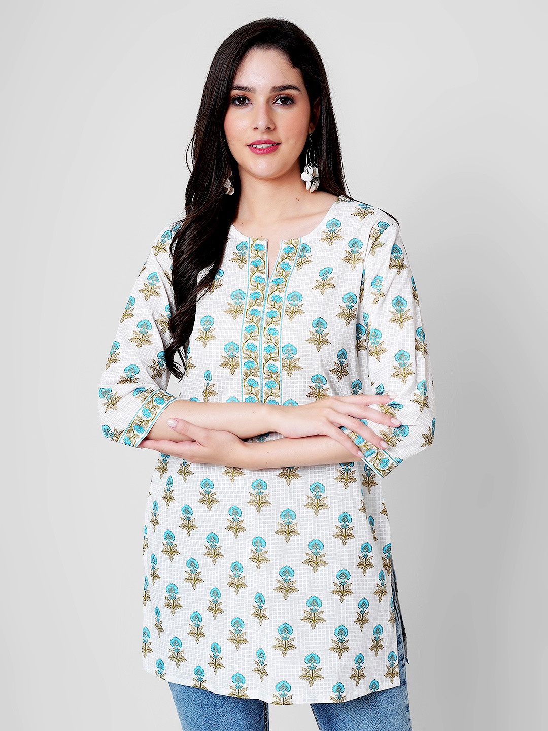 

JANAKDULARI CREATION Floral Printed Pure Cotton Top, White