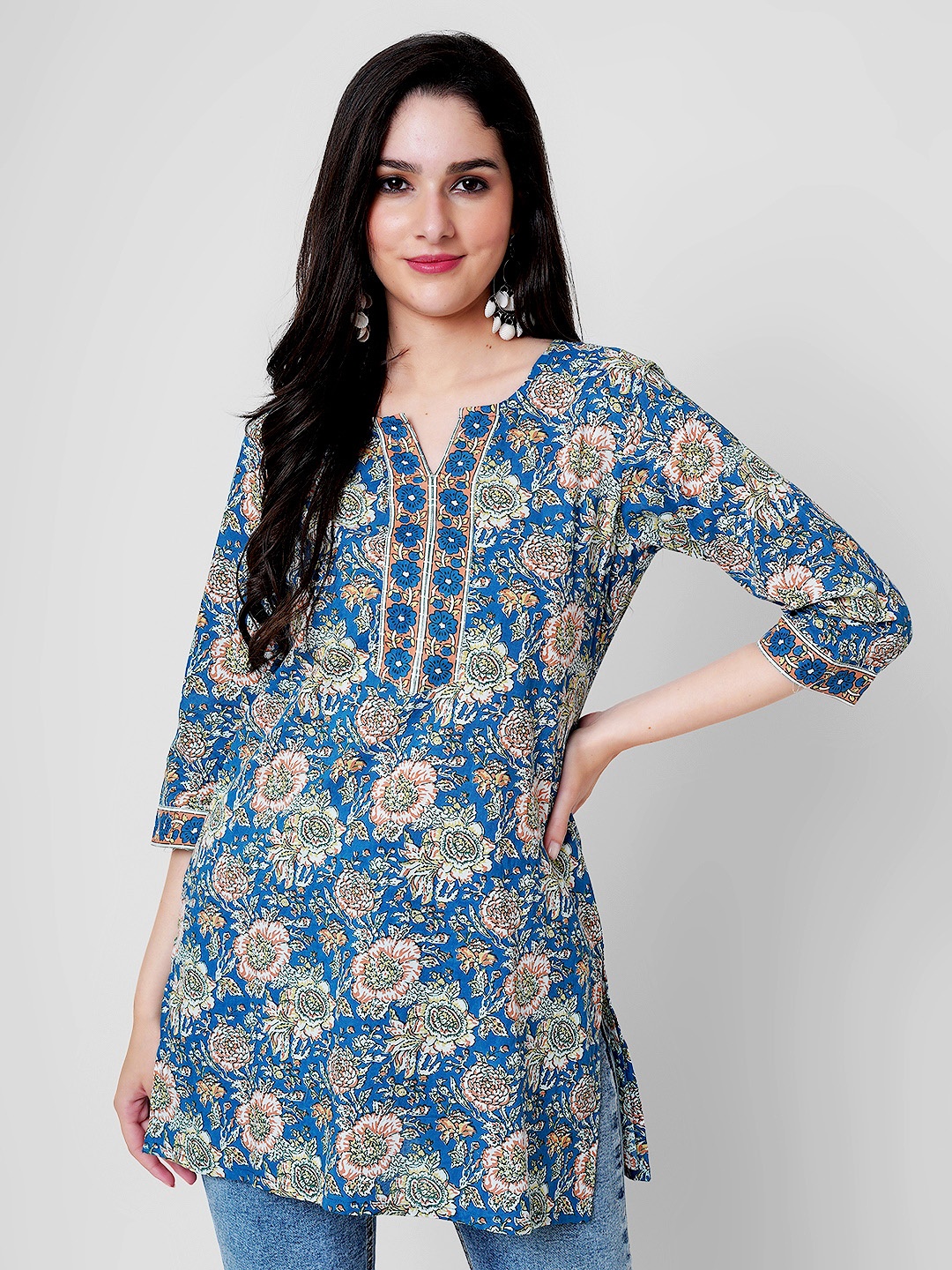 

JANAKDULARI CREATION Floral Printed Cotton A-Line Top, Blue