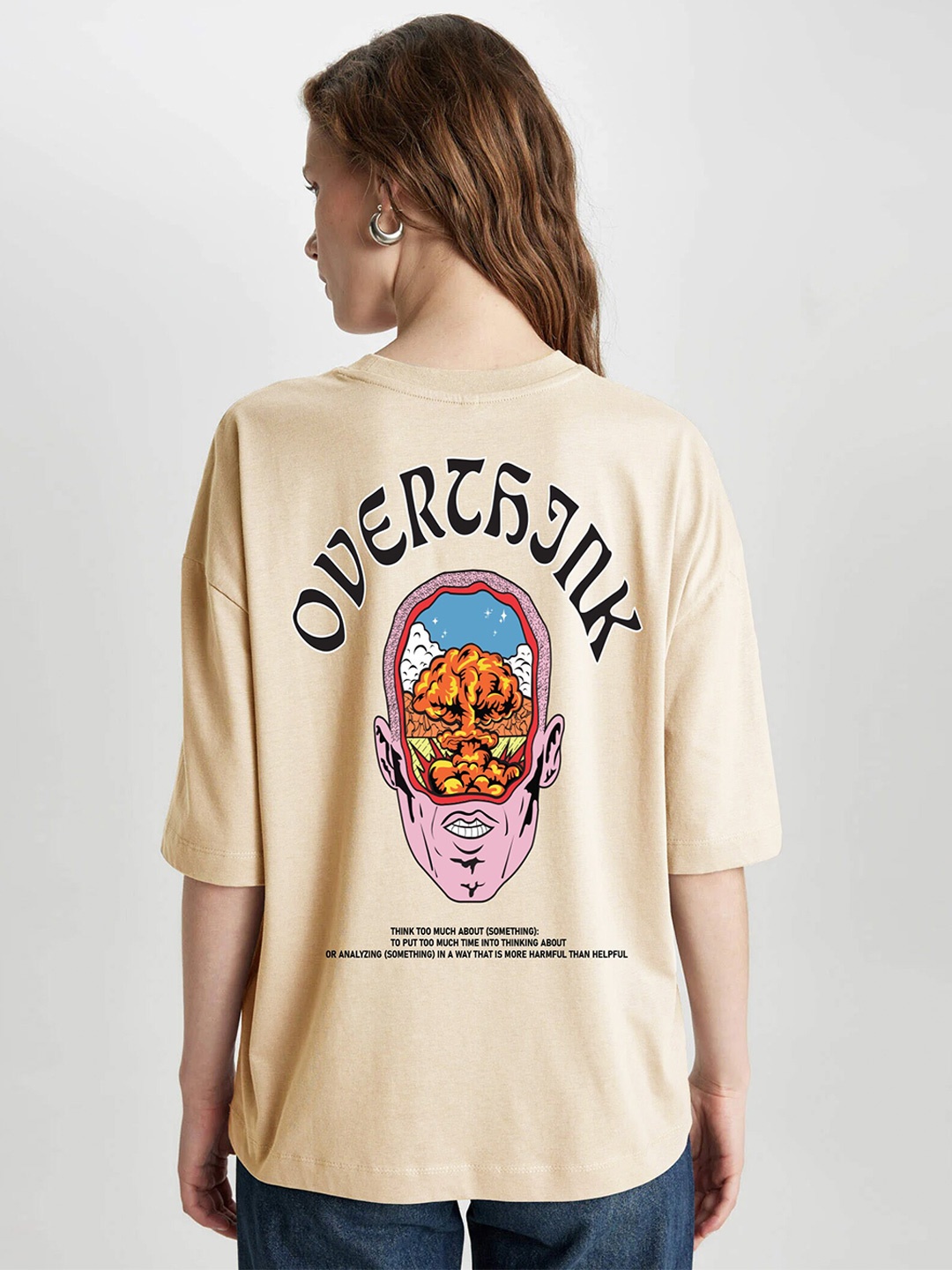 

MISCHIEF MONKEY Women Typography Oversized T-shirt, Beige