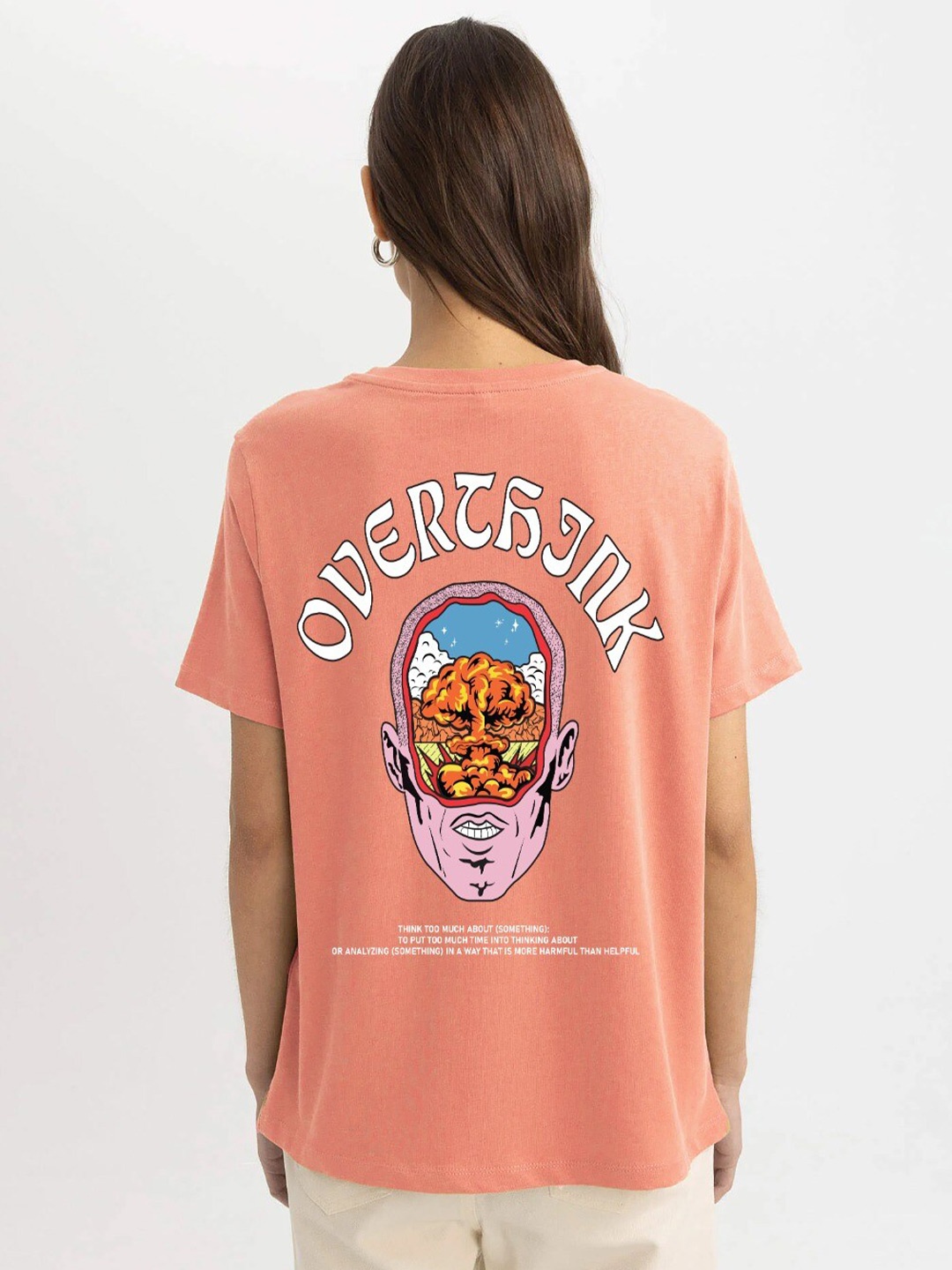 

MISCHIEF MONKEY Women Typography Round Neck Drop Shoulder Sleeves T-shirt, Peach