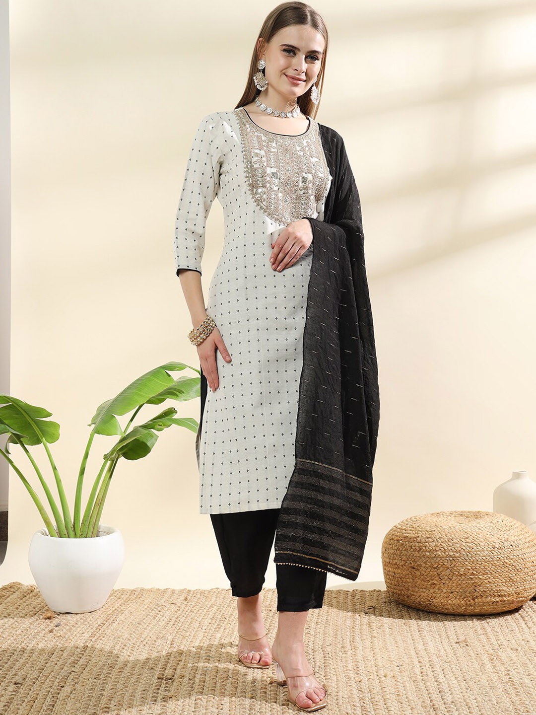 

S.K.C Geometric Woven Design Thread Work Straight Kurta With Trousers & Dupatta, Black