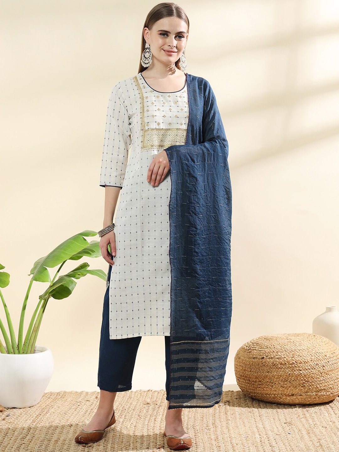 

S.K.C Ethnic Motifs Printed Straight Kurta With Trousers & Dupatta, Blue
