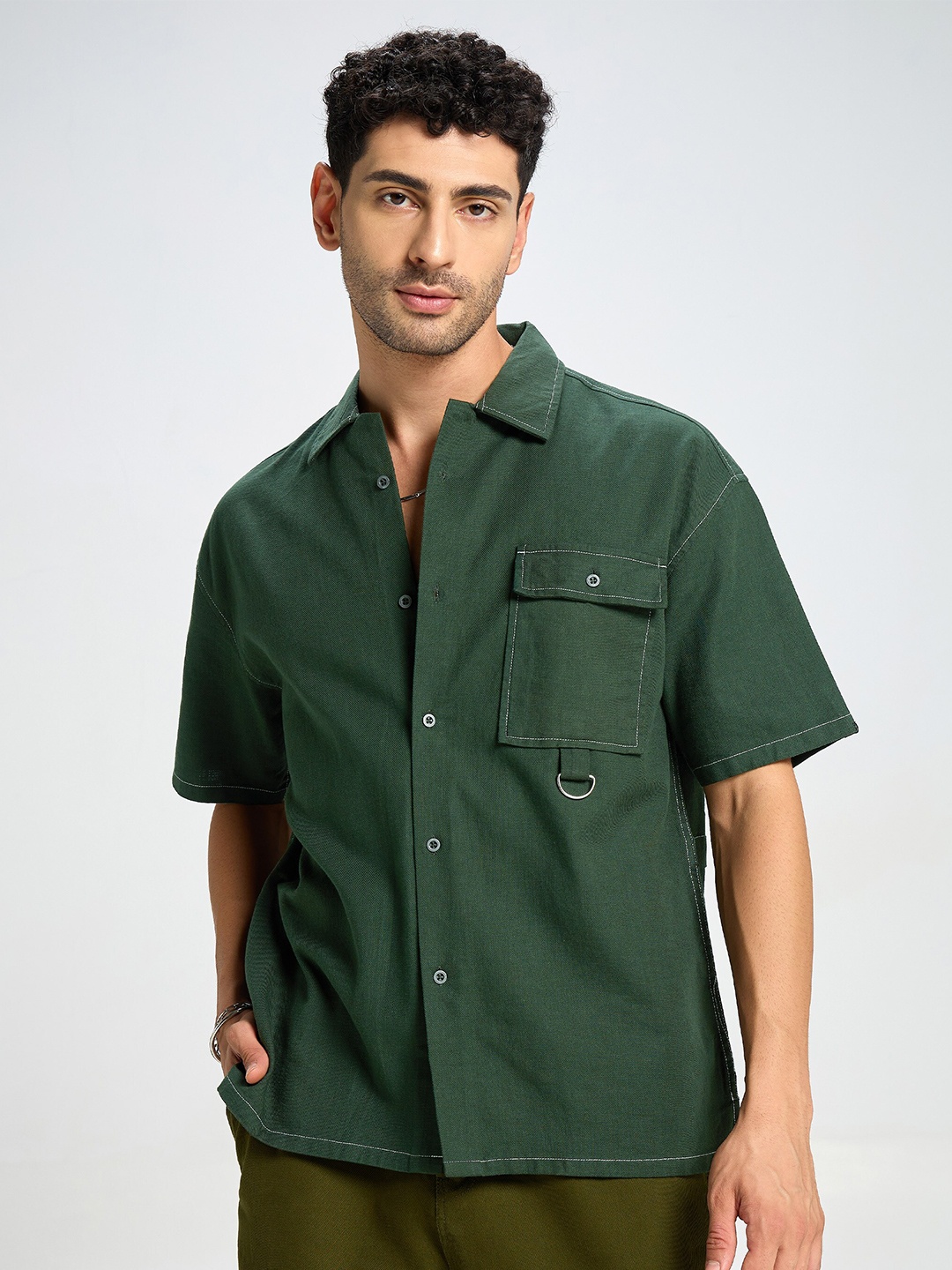 

Beyoung Spread Collar Short Sleeves Oversized Casual Shirt, Green