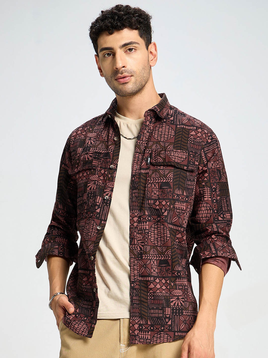 

Beyoung Ethnic Motifs Printed Spread Collar Cotton Relaxed Fit Casual Shirt, Brown