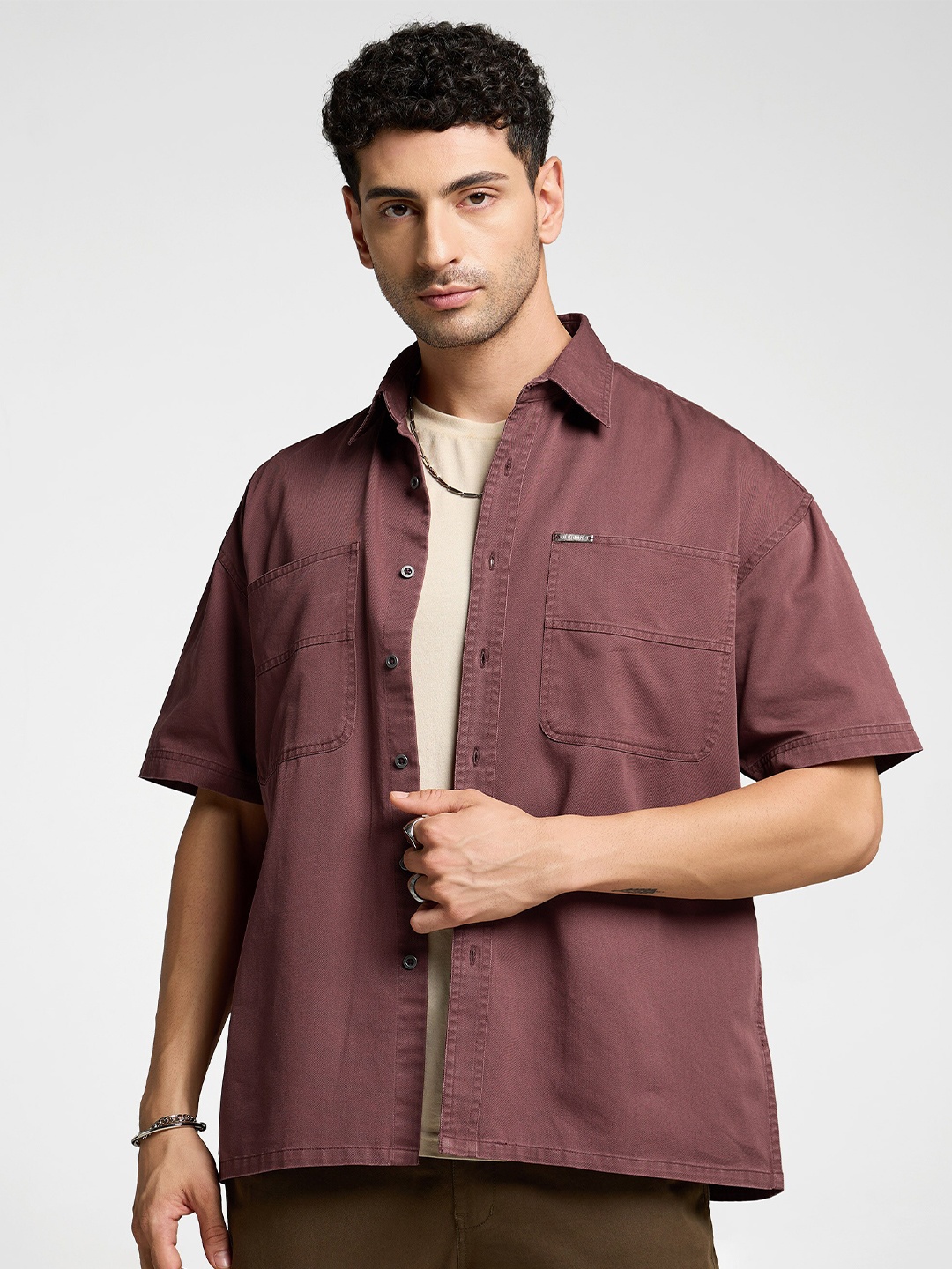 

Beyoung Spread Collar Short Sleeves Cotton Oversized Casual Shirt, Maroon