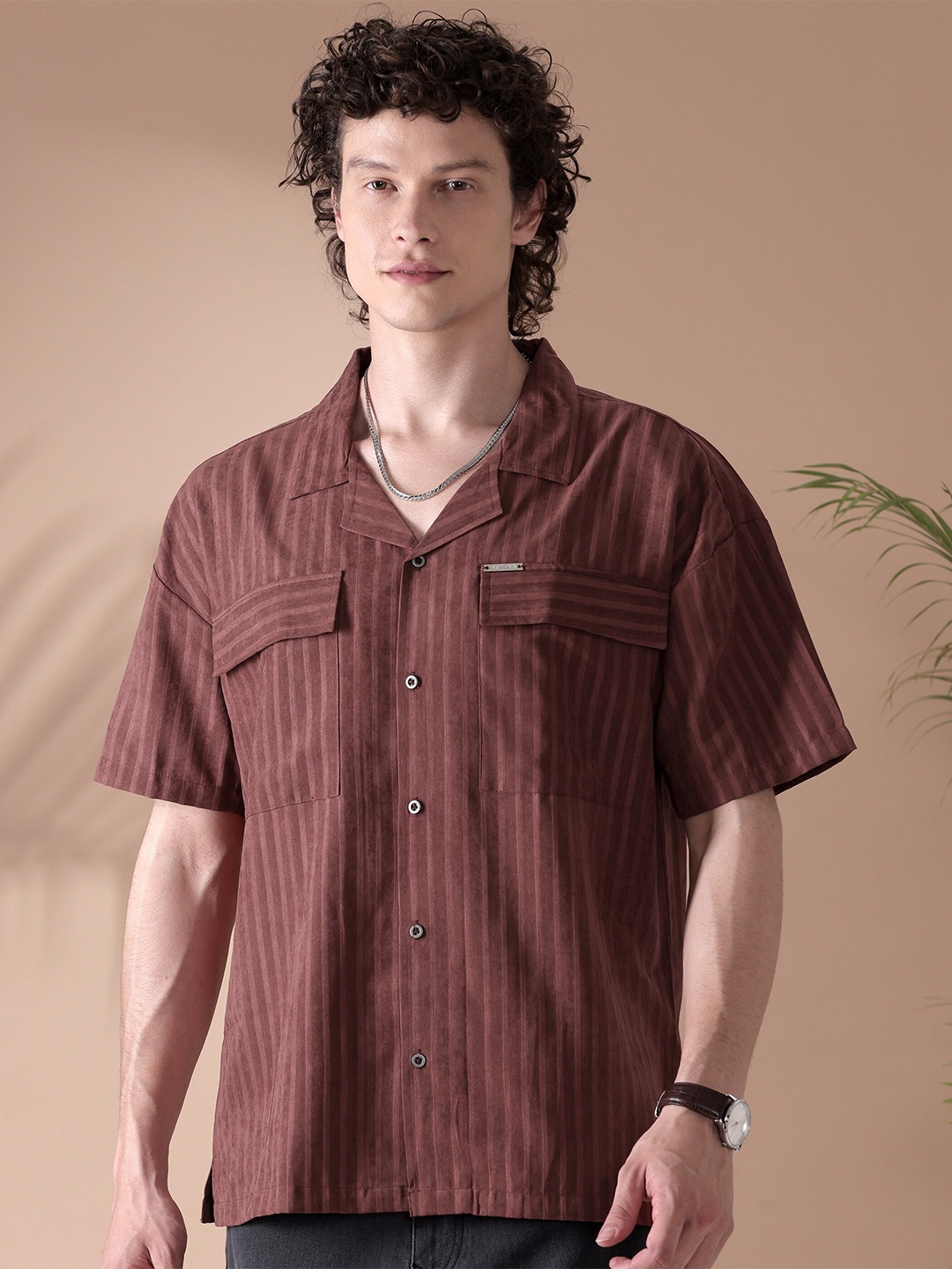 

Beyoung Striped Club Collar Short Sleeves Oversized Casual Shirt, Maroon