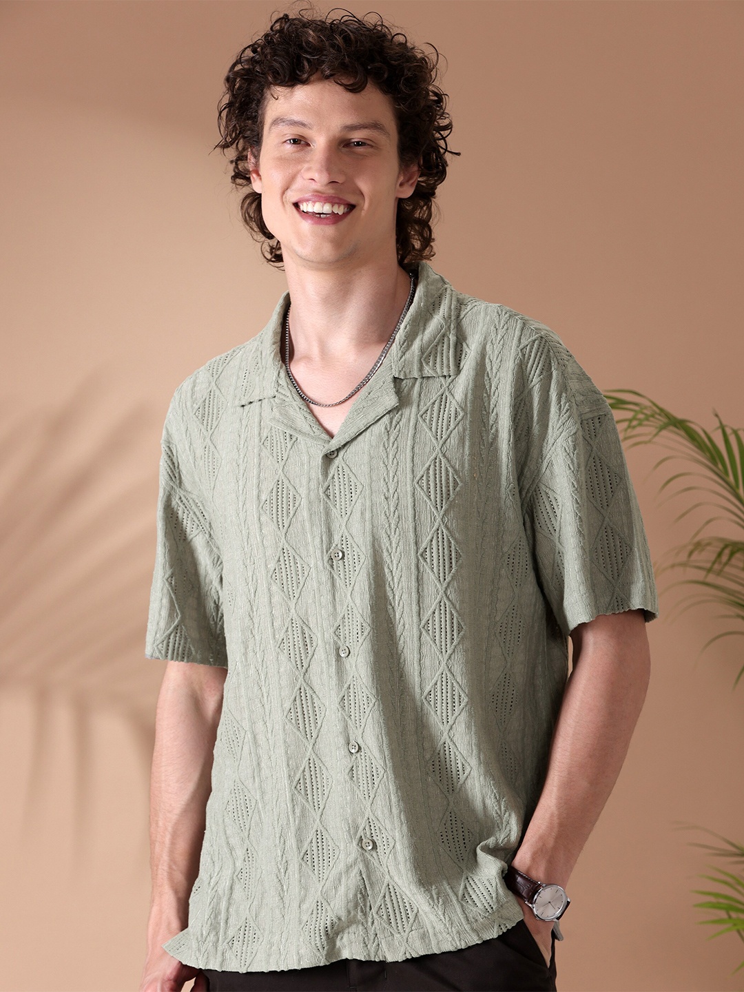 

Beyoung Crochet Club Collar Short Sleeves Casual Shirt, Grey
