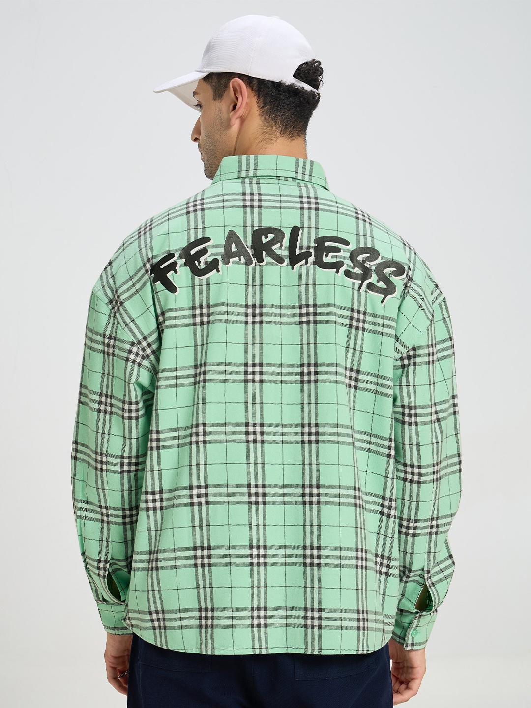 

Beyoung Tartan Checks Spread Collar Cotton Oversized Casual Shirt, Green