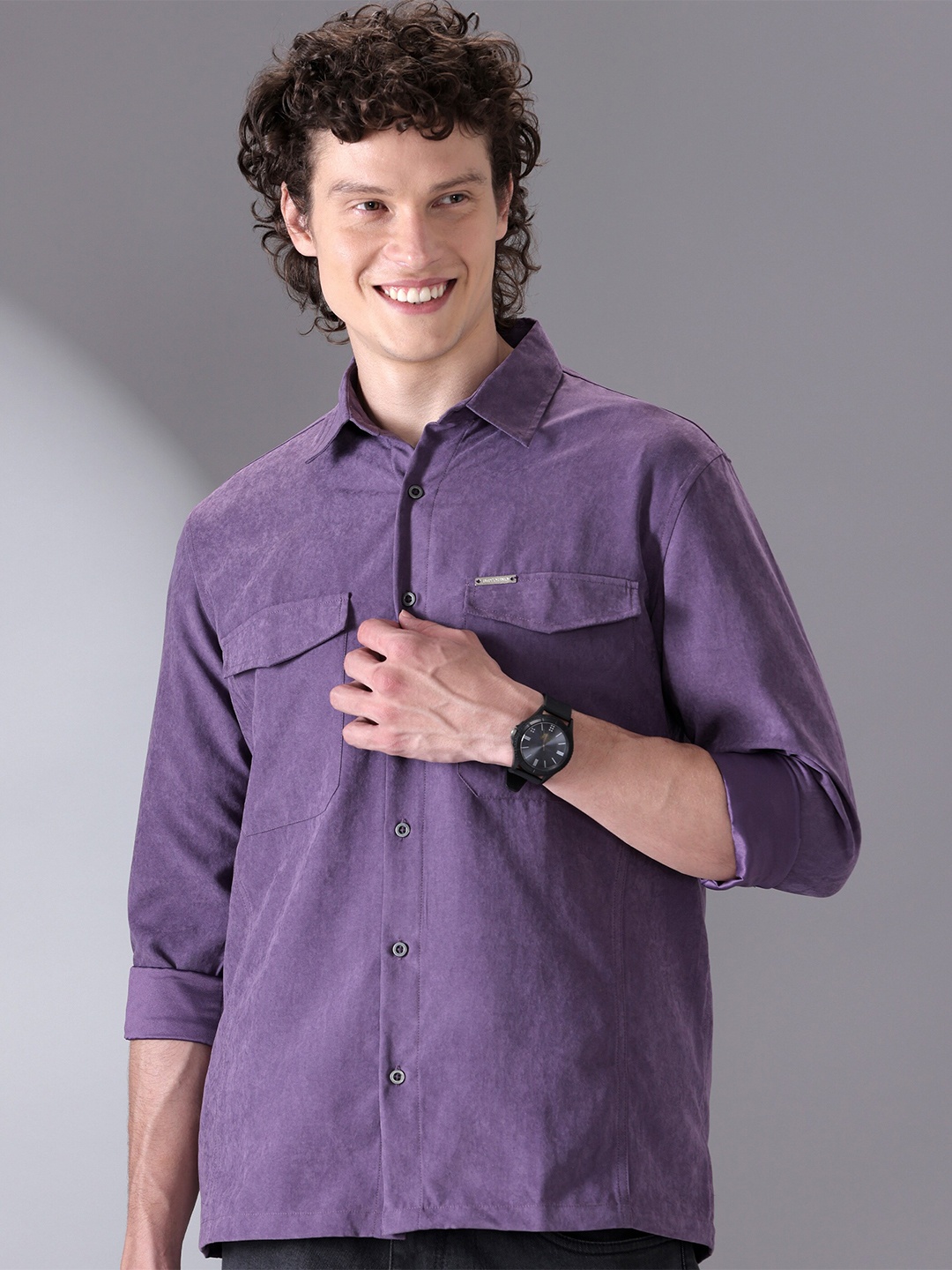 

Beyoung Regular Fit Spread Collar Suede Casual Shirt, Violet