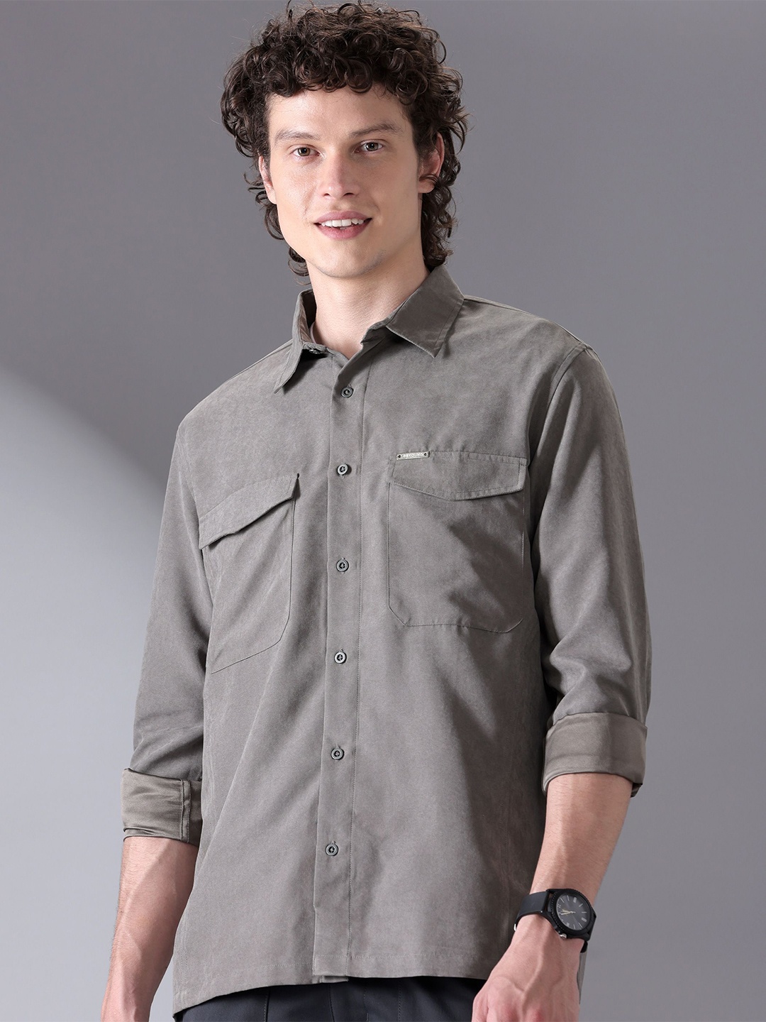 

Beyoung Regular Fit Spread Collar Suede Casual Shirt, Grey