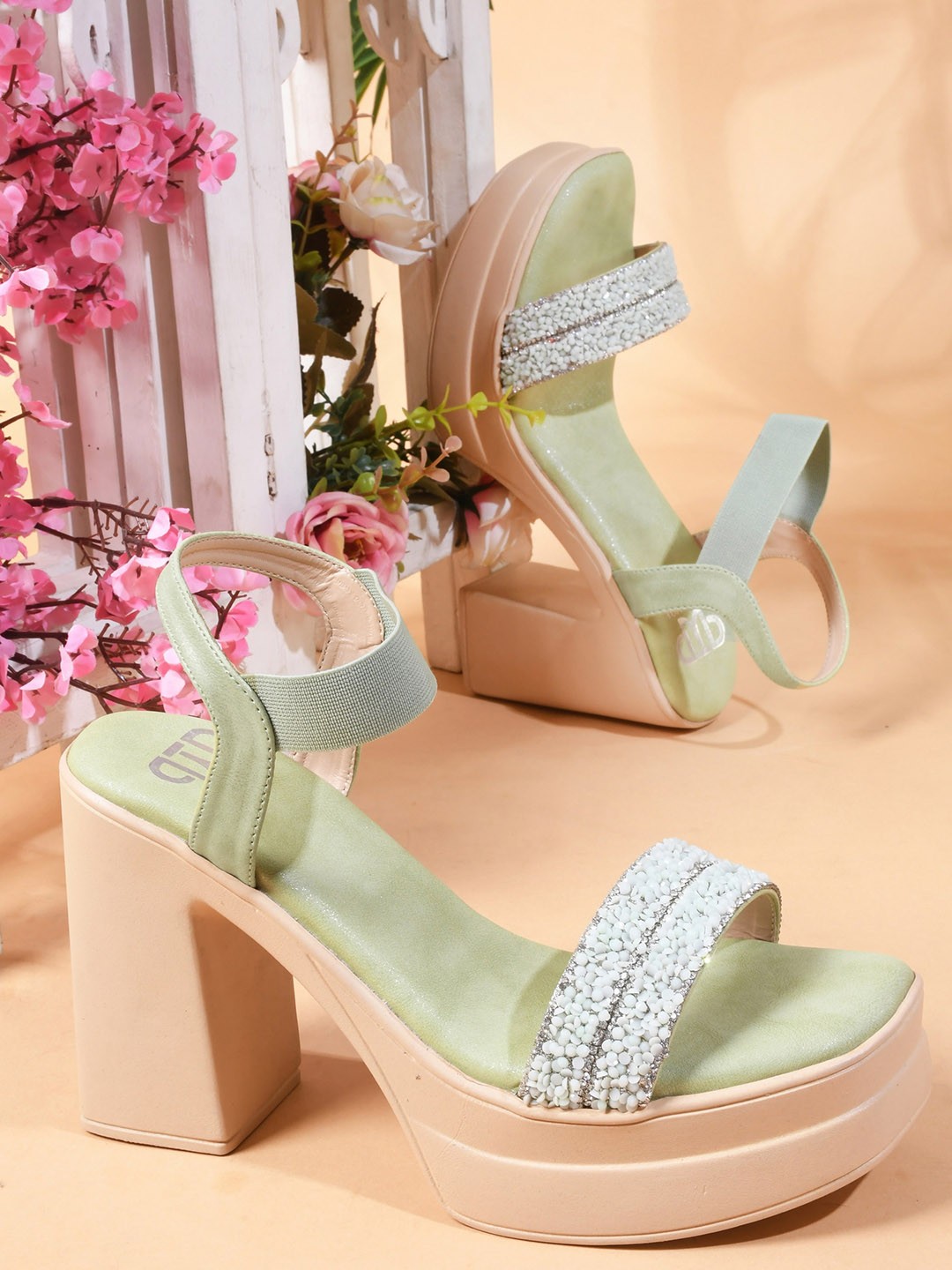 

THE WHITE POLE Embellished Open Toe Platform Heels, Green