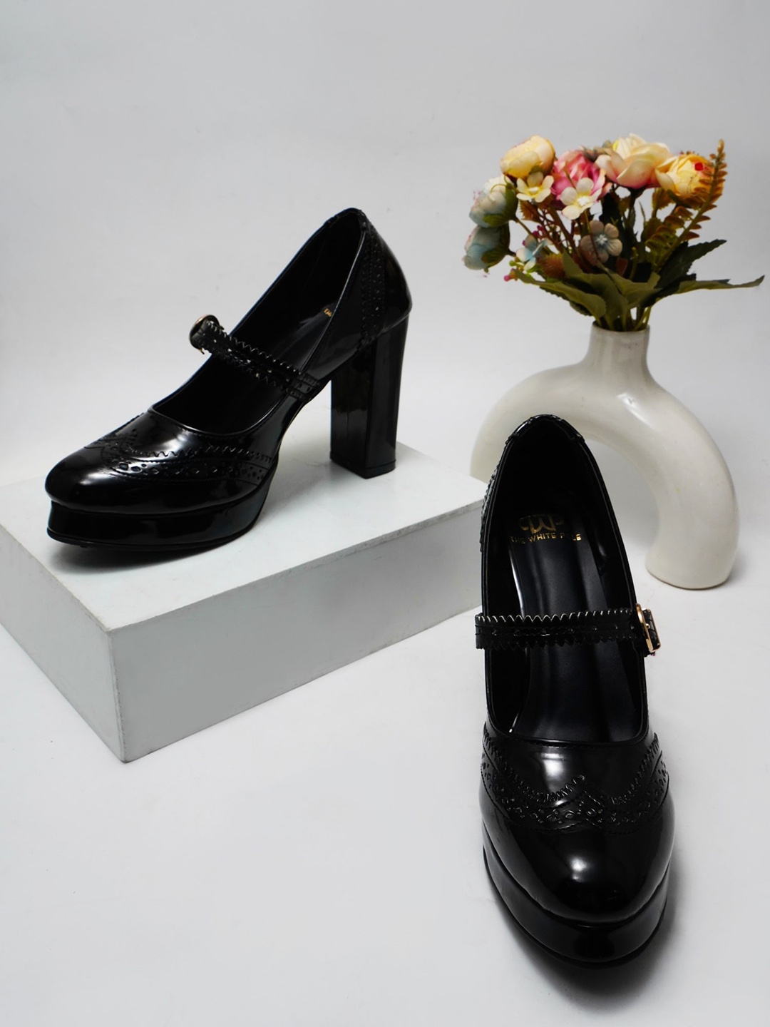 

THE WHITE POLE Open Toe Platform Heel Mary Janes, Black