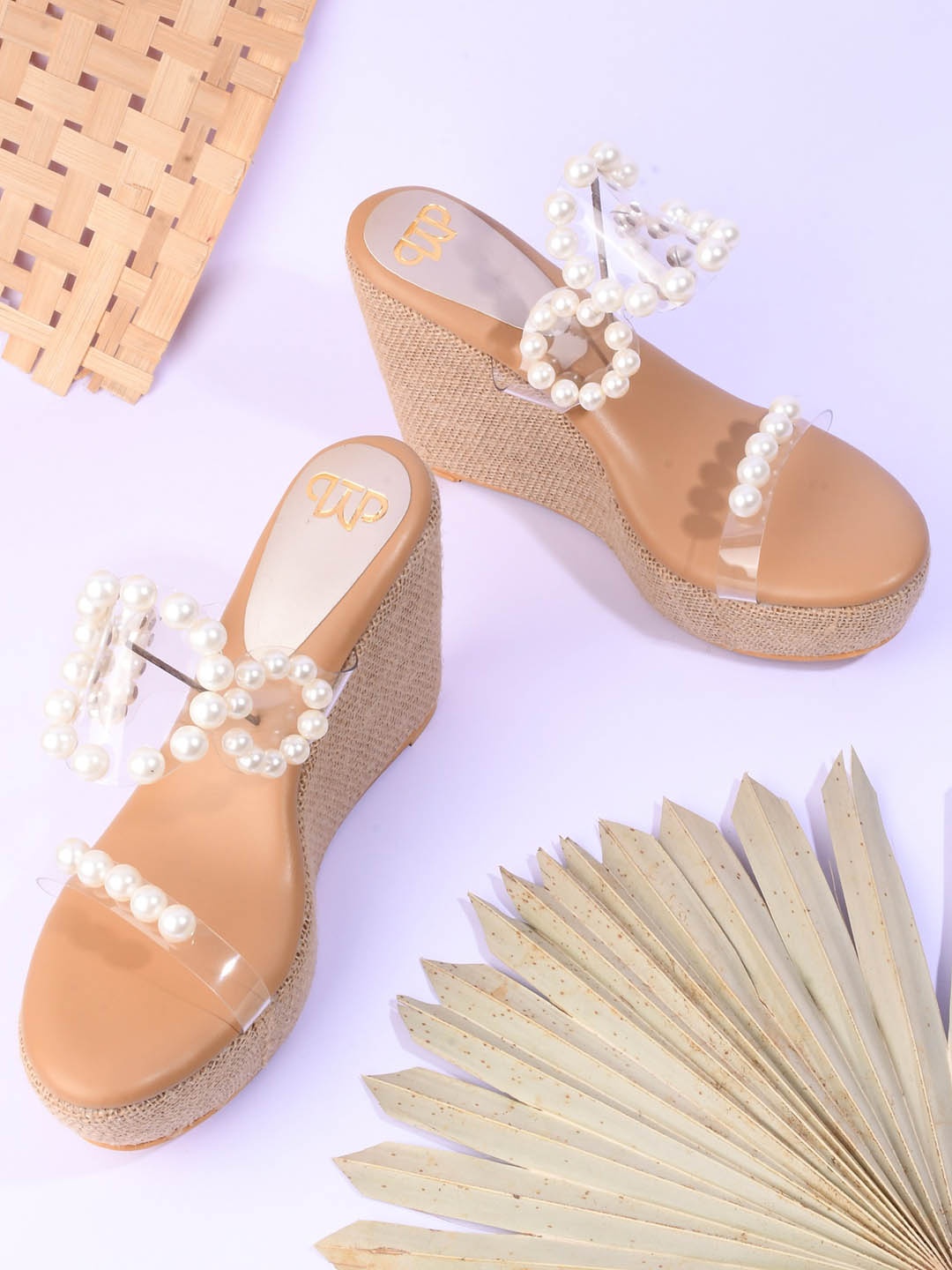 

THE WHITE POLE Embellished Open Toe Wedges, Beige