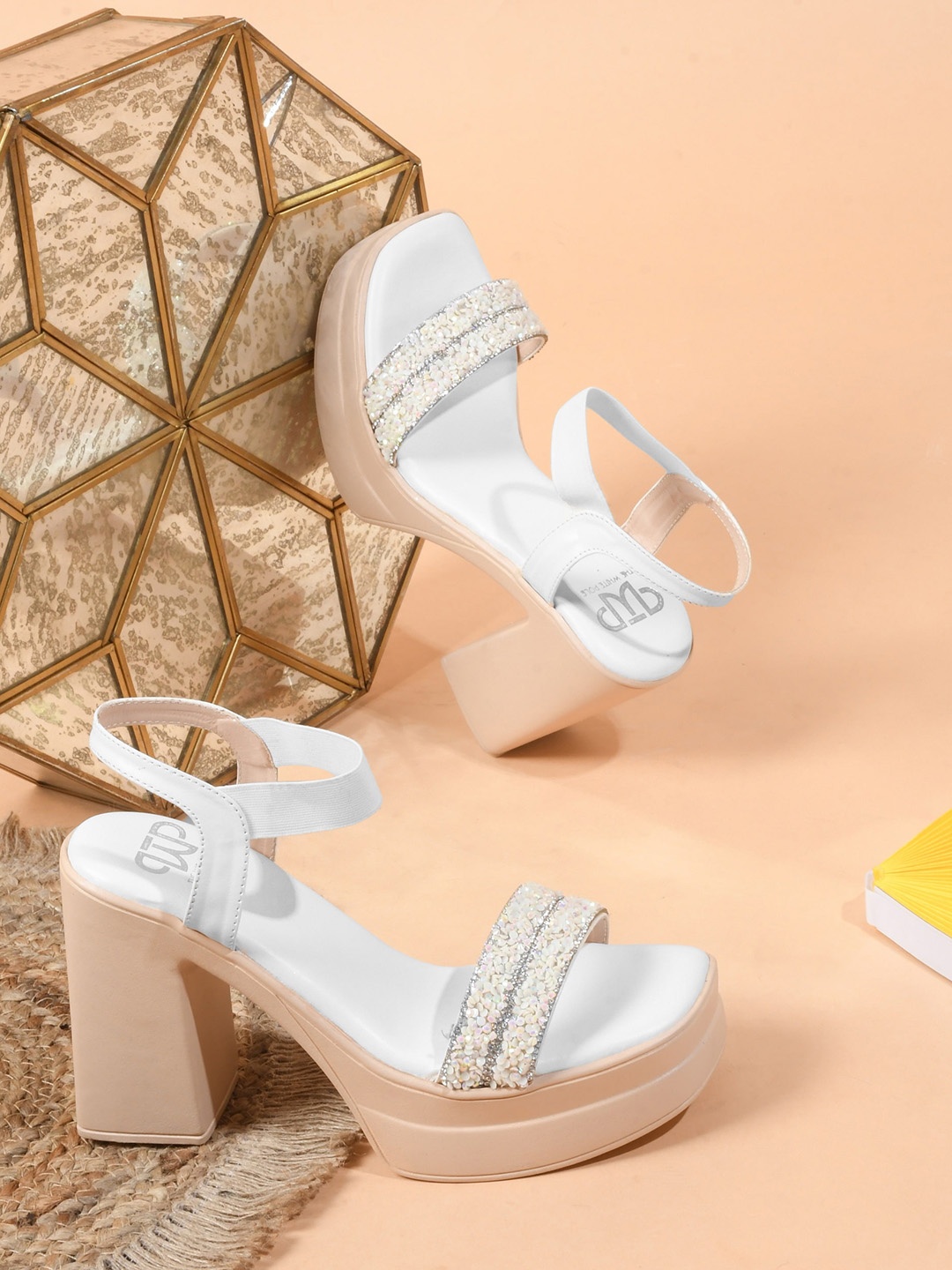 

THE WHITE POLE Embellished Open Toe Platform Heels