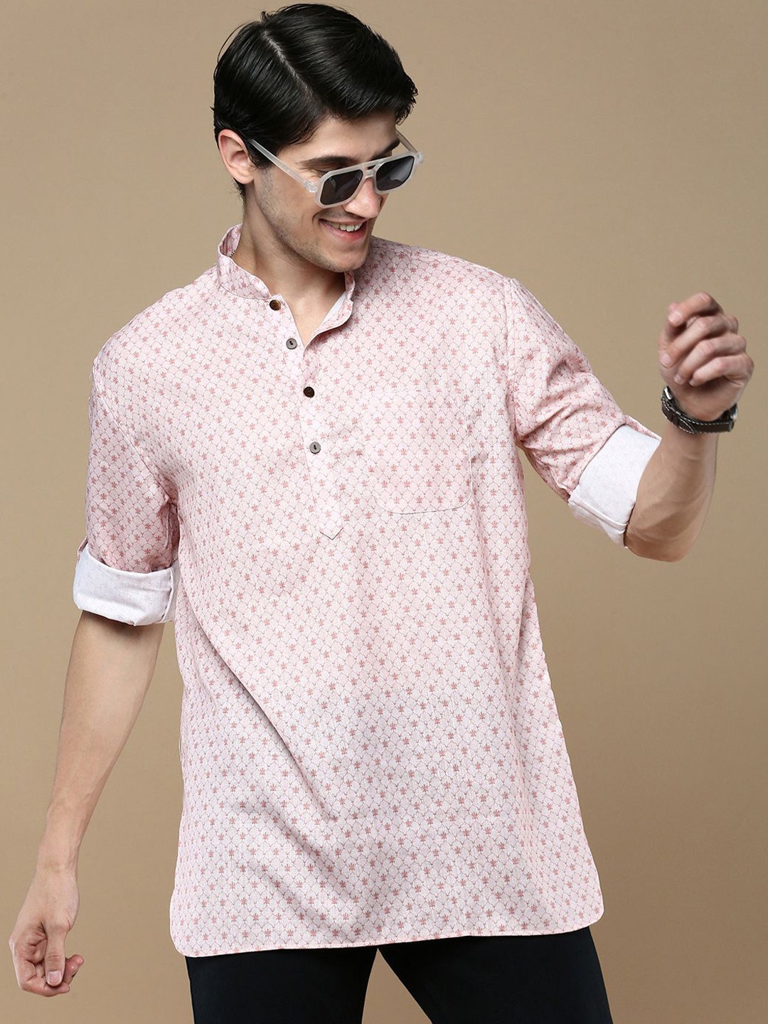 

Anouk Pink Floral Printed Mandarin Collar Straight Cotton Short Kurta