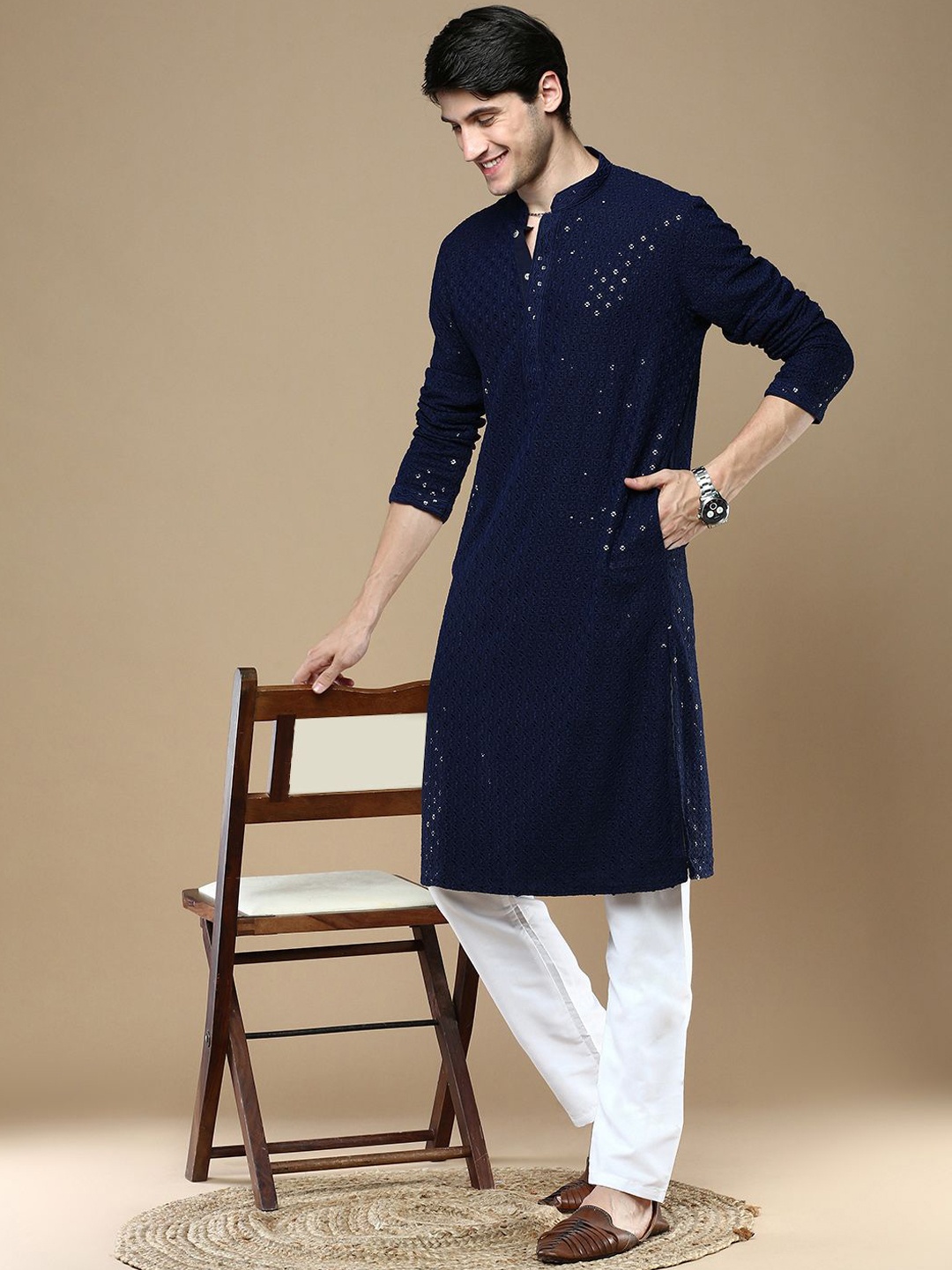 

Anouk Navy Blue Ethnic Motifs Sequined Mandarin Collar Straight Cotton Chikankari Kurta