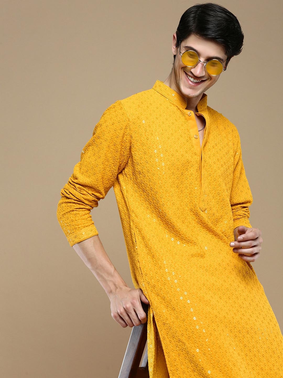 

Anouk Mustard Ethnic Motifs Mandarin Collar Sequined Straight Cotton Chikankari Kurta