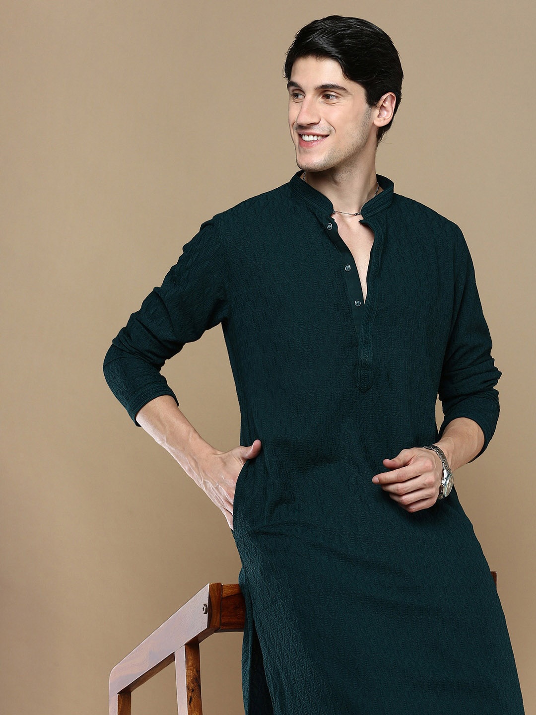 

Anouk Green Ethnic Motifs Woven Design Thread Work Chikankari Kurta