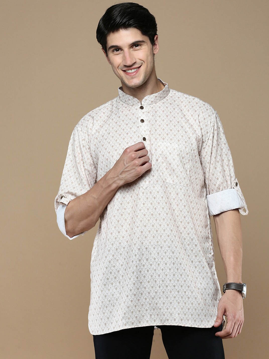 

Anouk Beige Floral Printed Mandarin Collar Straight Cotton Short Kurta