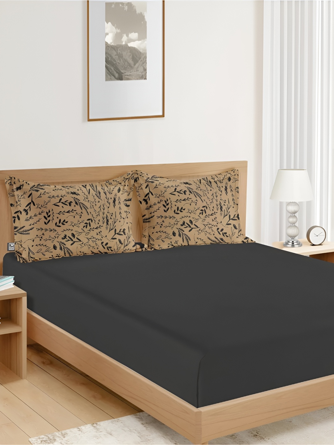 

THE WOOD WHITE Grey & Beige Microfiber 250 TC Queen Bedsheet with 2 Pillow Covers