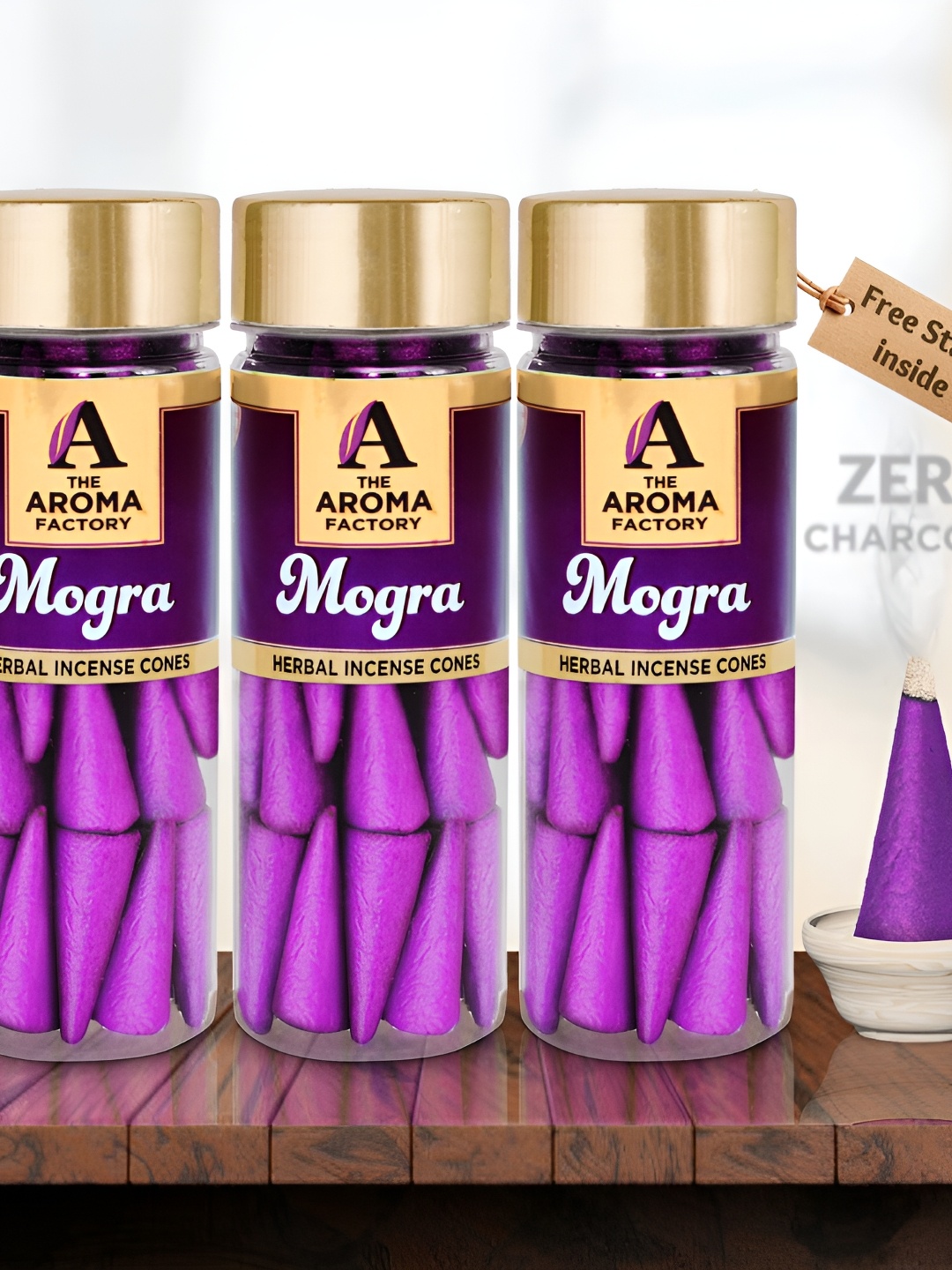 

The Aroma Factory 3 Pieces Wooden Mogra Dhoop Cone Pooja Essentials, Purple