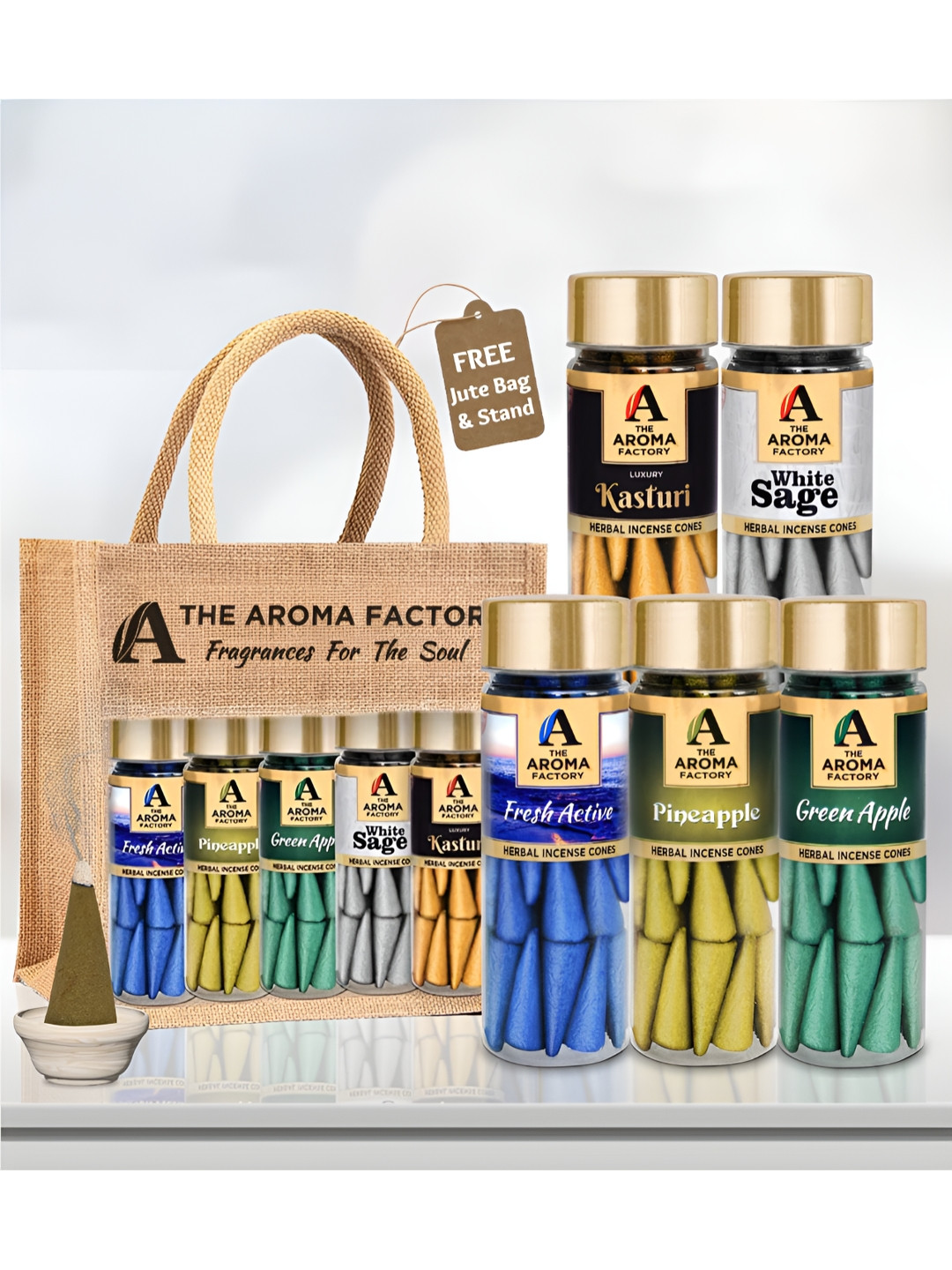 

The Aroma Factory 5 Pieces Wooden Apple, Pineapple, Fresh, Sage,Musk Cone Pooja Essentials, Blue