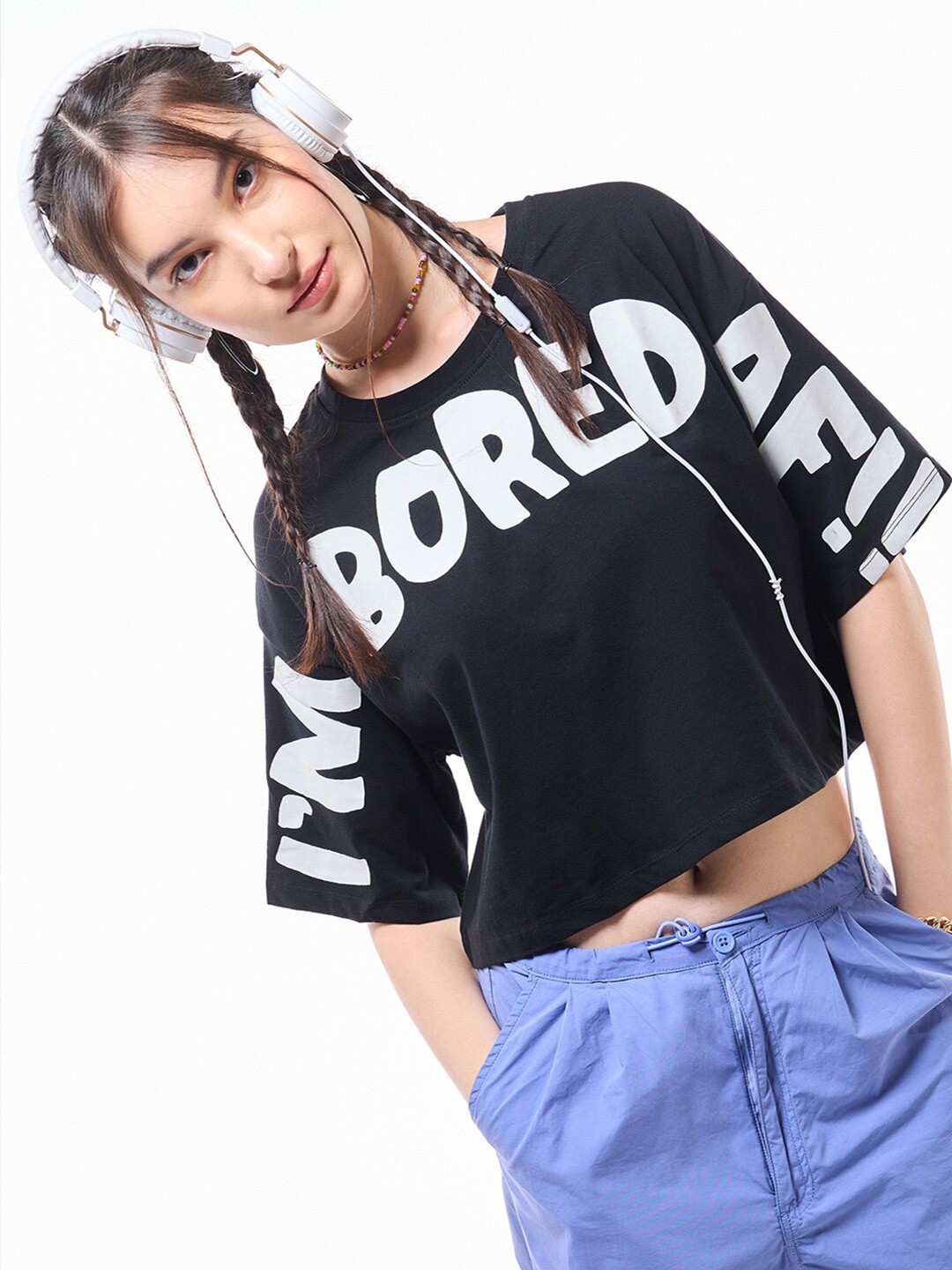 

Bewakoof Print Cotton Crop Top, Black