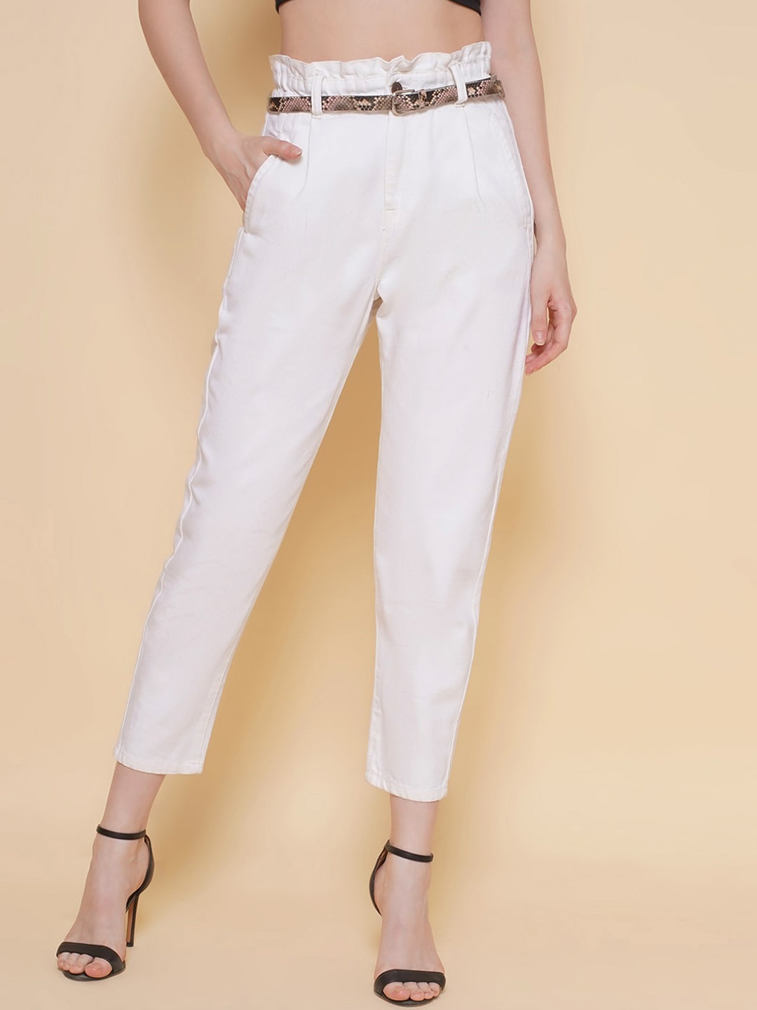 

VESTIDO MODAS Women Paper-Bag High Waist Jeans With Belt, White