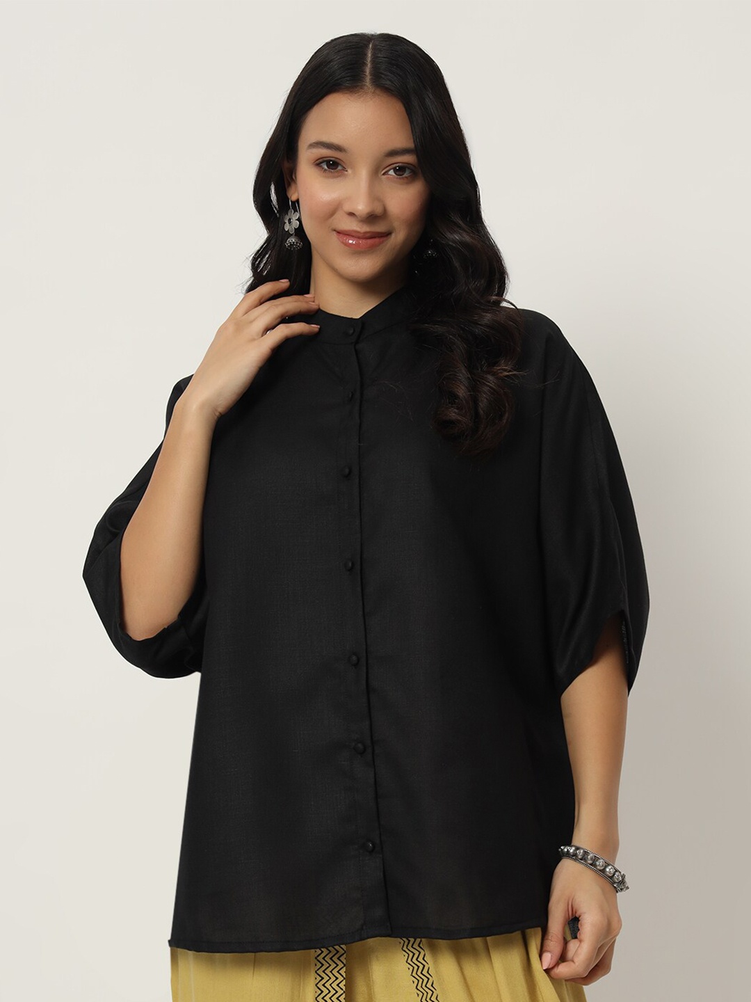 

9rasa Cotton Oversized Loose Fit Shirt Style Top, Black