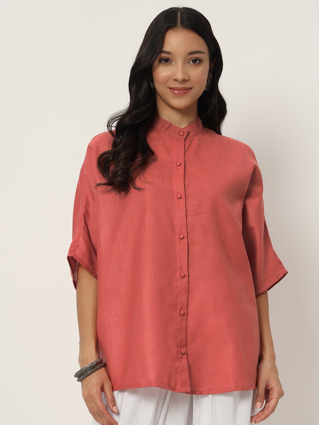 

9rasa Cotton Oversized Loose Fit Shirt Style Top, Coral