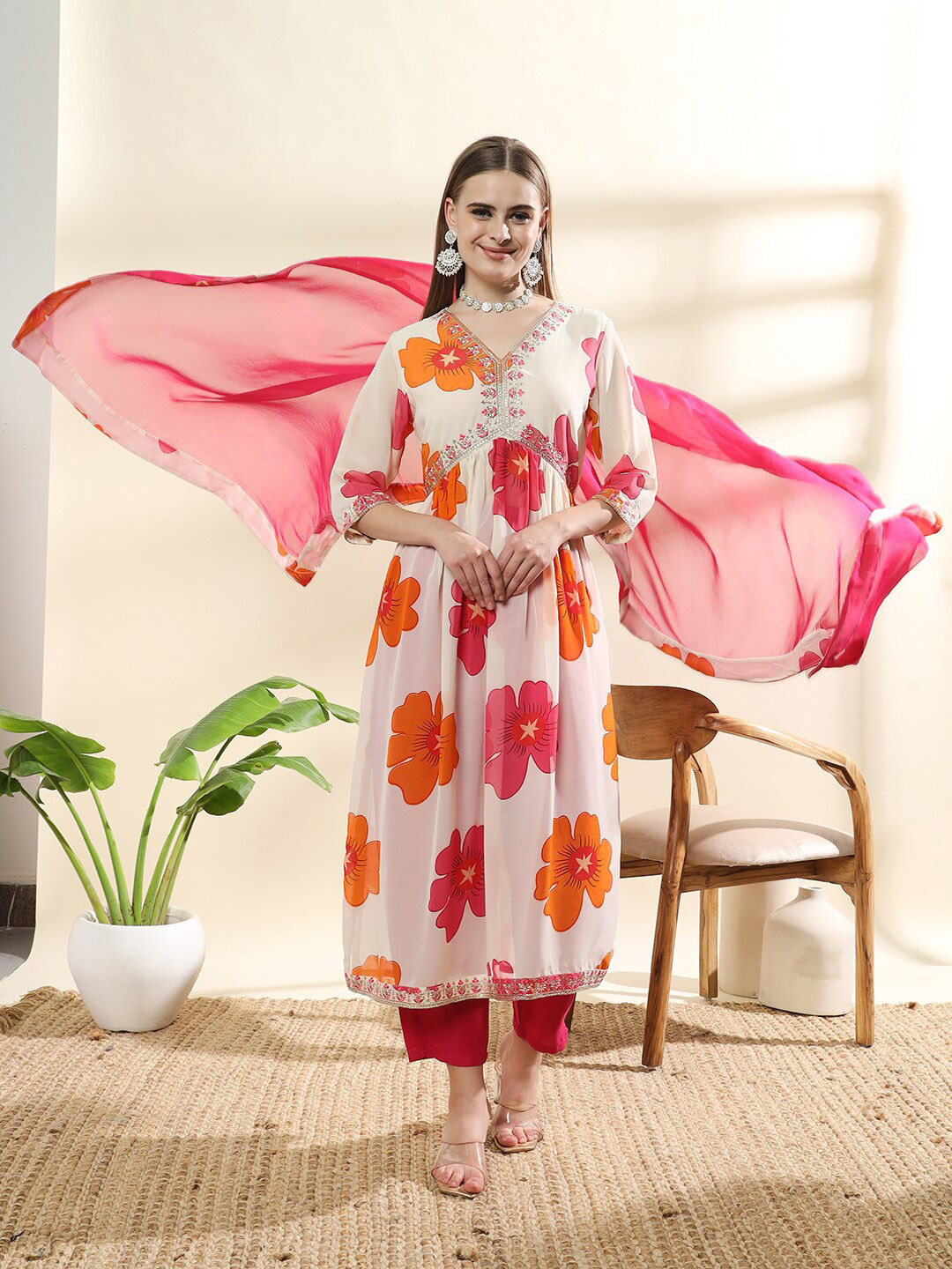 

S.K.C Ethnic Motifs Printed Georgette Empire Anarkali Kurta With Pyjamas & Dupatta, Red