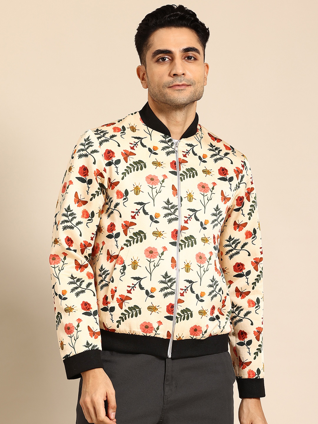 

Sayisha Men Polyester Mandarin Collar Printed Jacket, Off white