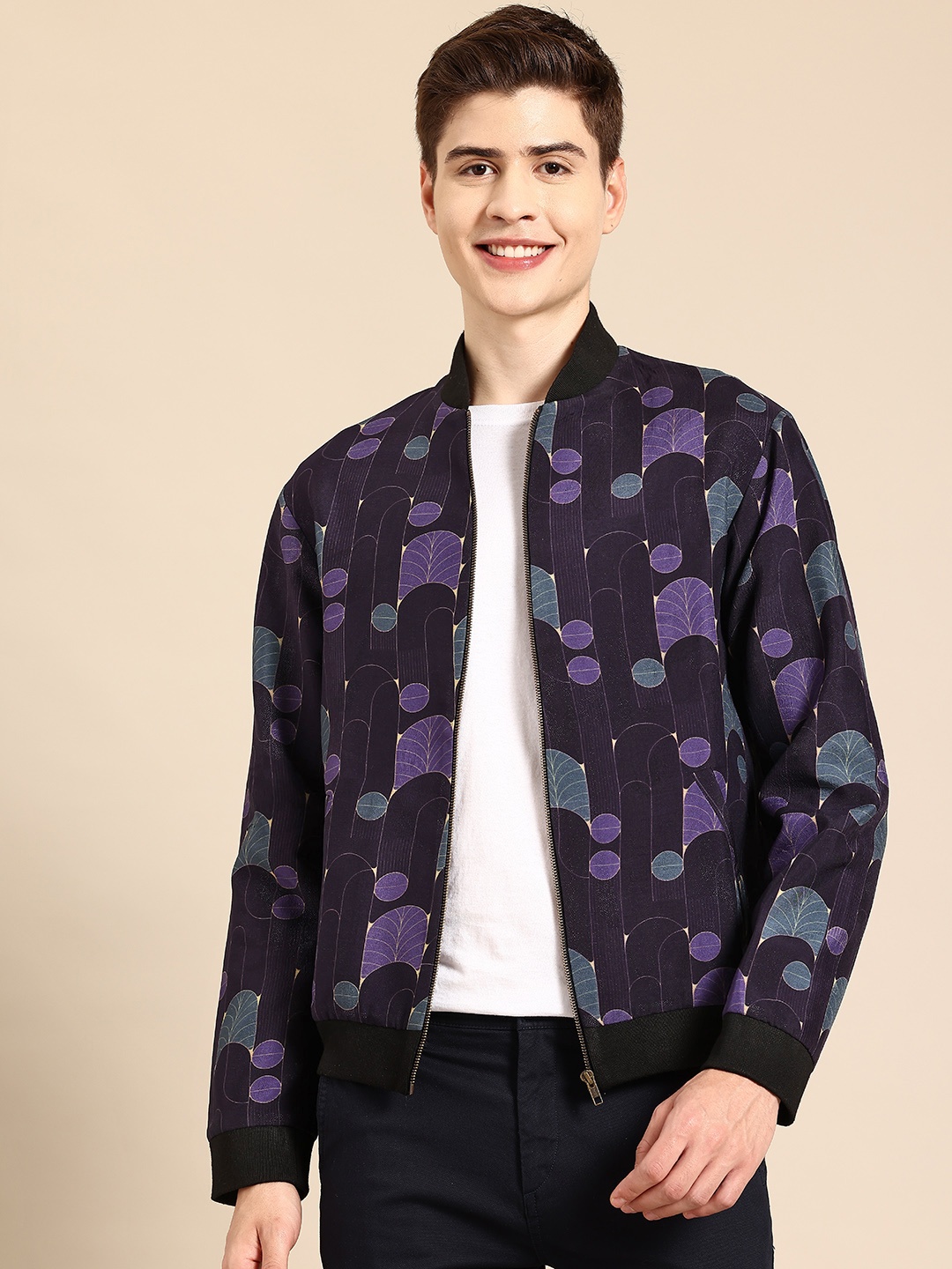 

Sayisha Men Graphic Printed Open Front Lightweight Jacket, Navy blue