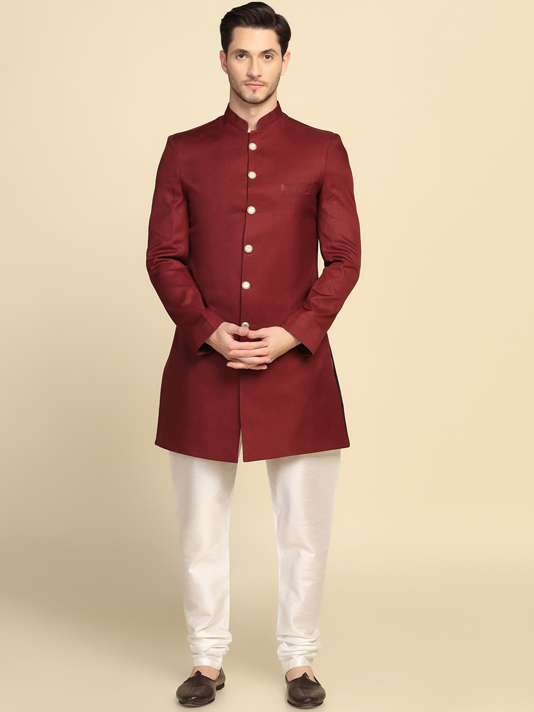 

TAHVO Men Mandarin Collar Long Sleeve Sherwani Set, Maroon