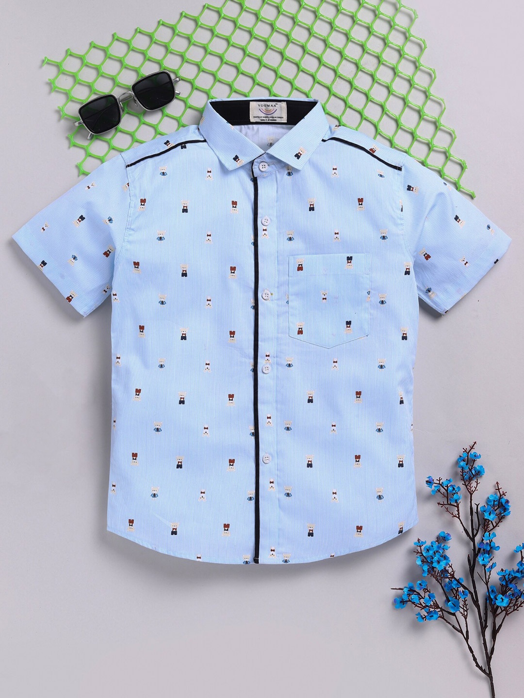 

YOUMAA Boys Conversational Printed Cotton Casual Shirt, Blue