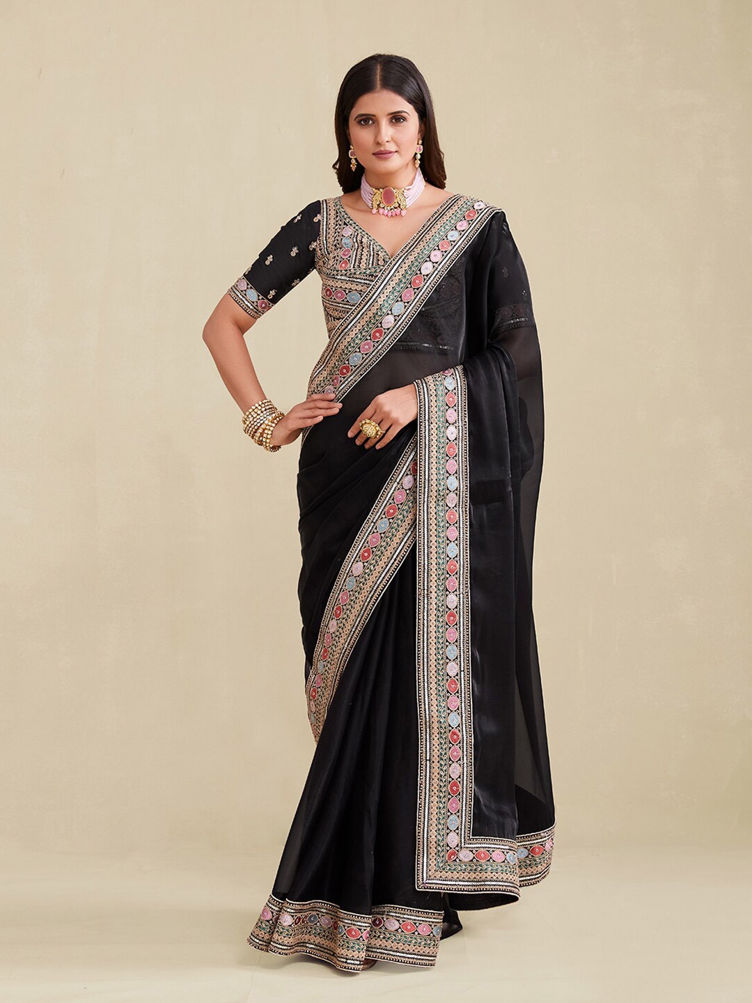 

Fusionic Embroidered Organza Saree, Black