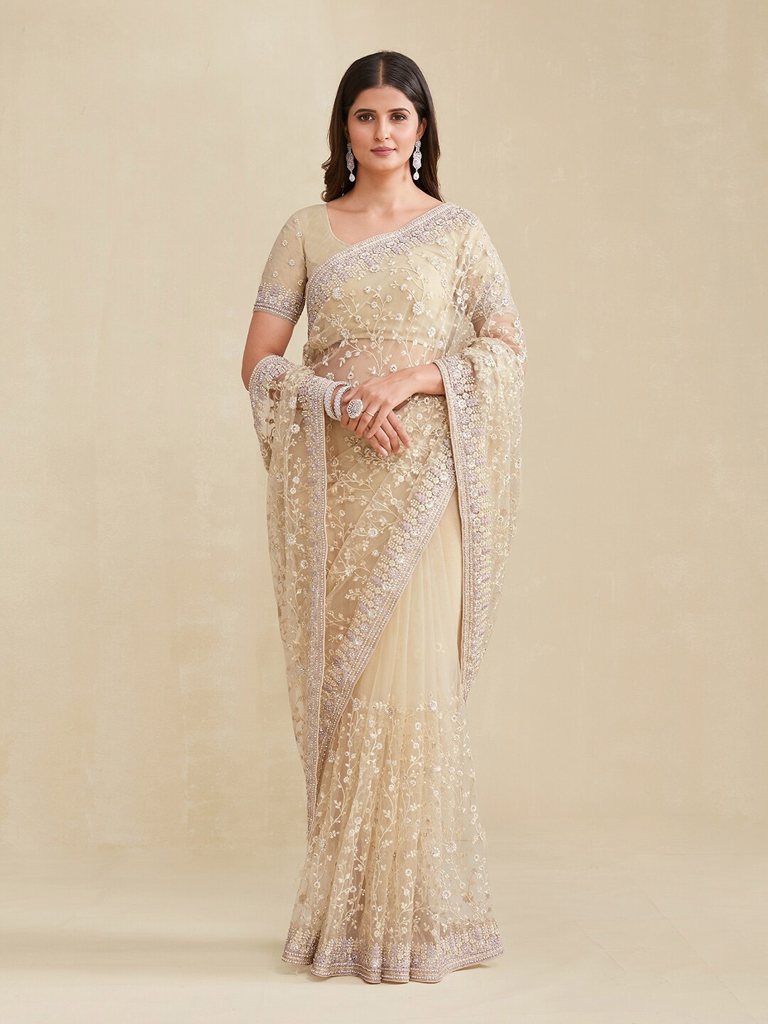 

Fusionic Ethnic Motifs Beads and Stones Net Saree, Champagne
