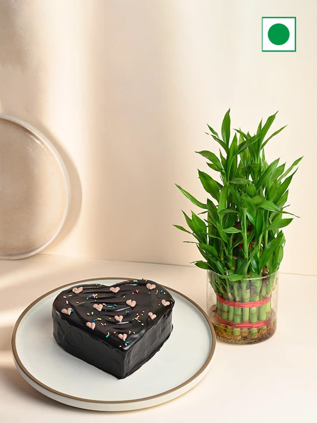 

Floweraura 3 Layer Live Bamboo Plant And Chocolate Flavour Heart Shape Cake 500g, Black