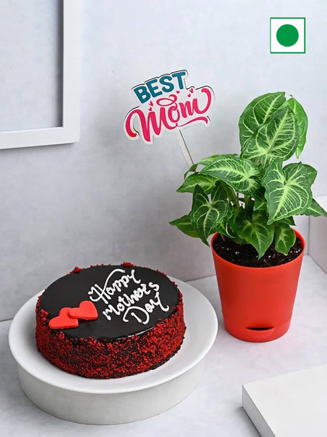 

Floweraura Syngonium Plant & Mothers Day Choco Red Velvet Eggless Round Cake-500 gm, Brown